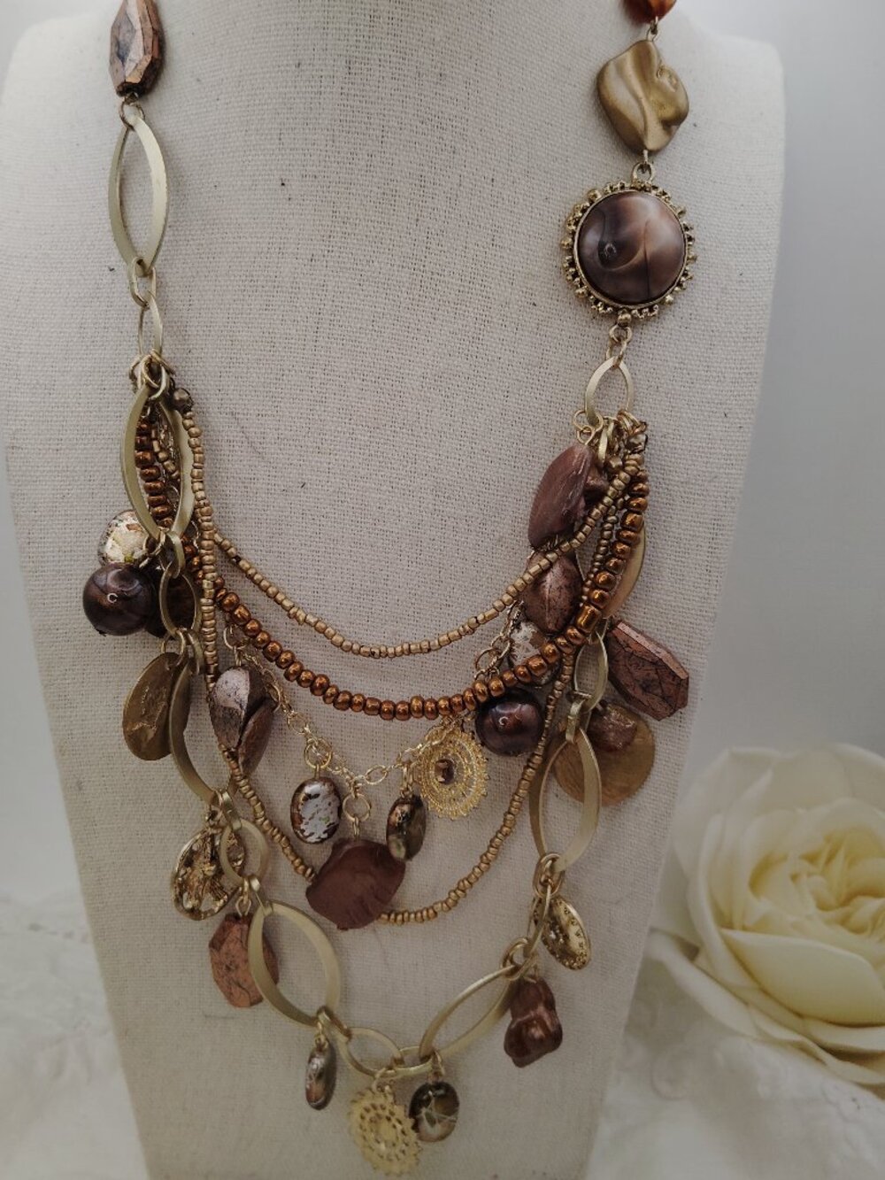 Vintage Gold Tone Multi‑Layer Mixed Media Statement Necklace